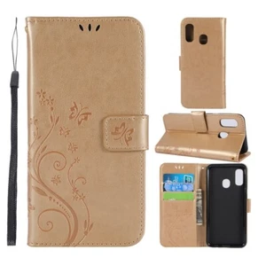 Wallet Case Butterfly Flower Motiv Handy Tasche Bag Gold für Samsung Galaxy A20e - Bild 1 von 6