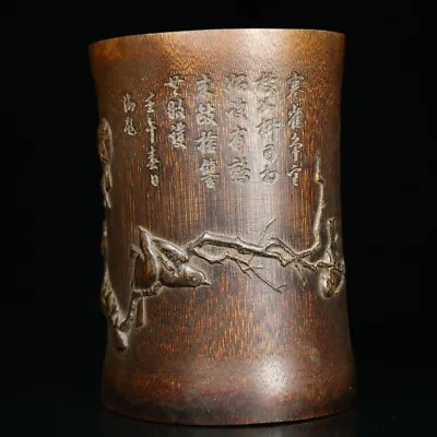 Collection Chinese Old Bamboo Carved Flowers And Birds Brush Pot Asian Antique • 104.99$
