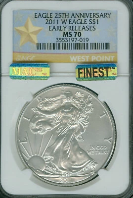 2011 W SILVER EAGLE NGC MS70 PQ ER MAC FINEST GRADE MAC SPOTLESS . - Image 1 of 4