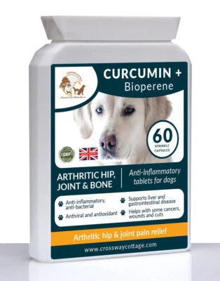 CROSSWAY COTTAGE NATURAL PET REMEDIES Organic Dog Curcumin + Bioperene Hip Joint Bone Pain Relief (60) Pain killers