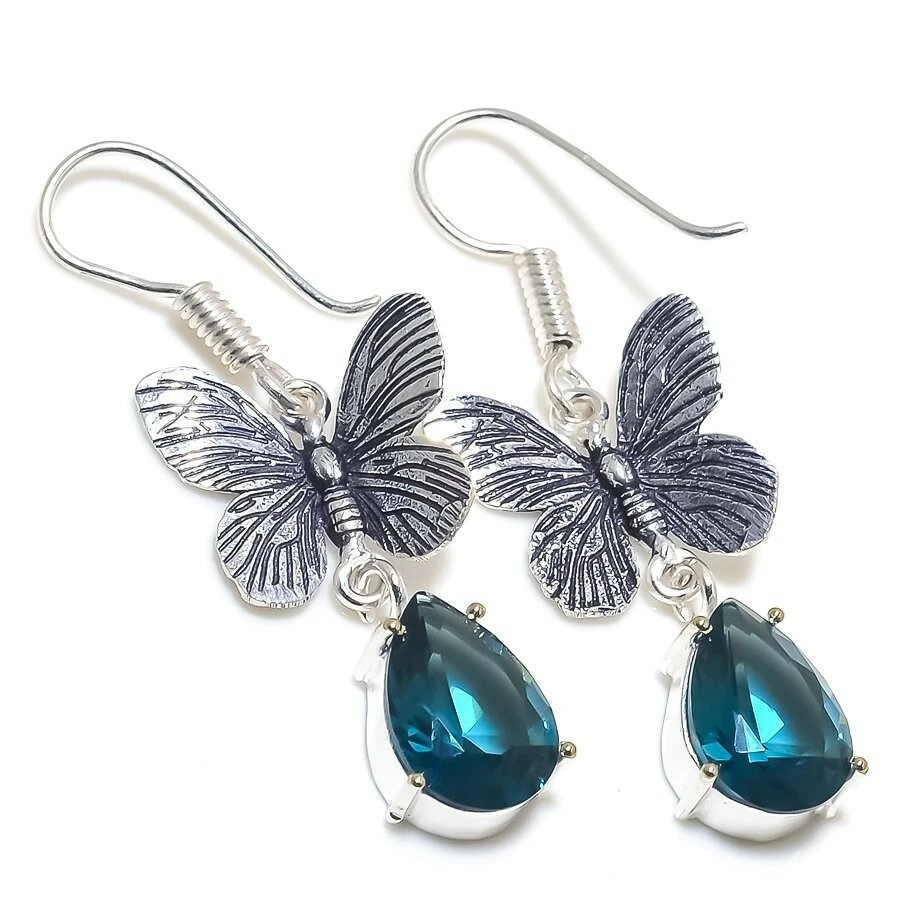 London Blue Topaz Gemstone Handmade 925 Sterling Silver Jewelry Earring Sz 1.9'' - Image 1 of 1