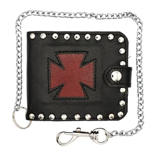 Iron Cross Genuine Leather Bi-Fold Cash Wallet Key Belt Chain Biker Motorcycle - Picture 1 of 3