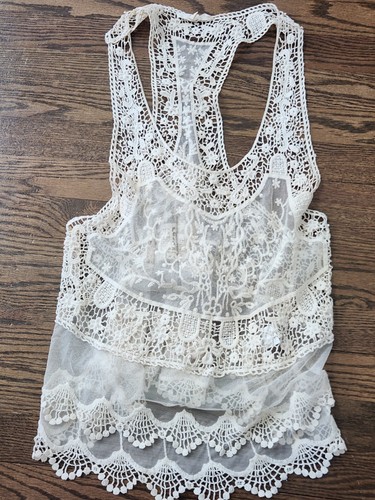 OFF WHITE Top Boho Nabee Avorio Bianco Off Crema Pizzo Strato Boho Grande S