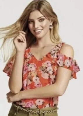 CABI #5352 Lush Blouse Coral/Multi Floral LAYERED CHIFFON Cold-Shoulder Medium - Image 1 of 4