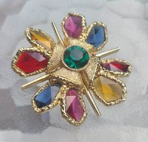 Capri Signed Stained Glass Brooch Pin Jewel & Gold Toned Modernist Flower