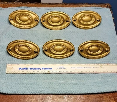 Set of 6 Hepplewhite Style 3" Oval Brass plated Drawer Pulls Original Gold Paint - Image 1 of 4