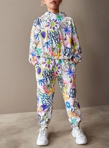 NEXT Ecru Art Graffiti Hoodie And Joggers Set Colorful Retro Sportswear Kids 8 Y - Picture 1 of 11