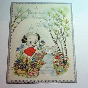 #5- Tarjeta de felicitación de cumpleaños brillante vintage perro y flores, tan linda - Imagen 1 de 1