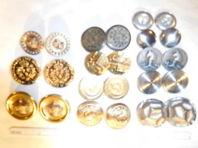 12 Pairs Vintage 7/8 to 1"  Brass & Silver Color Metal Button Lot ~ Crown, Horse - Image 1 of 4
