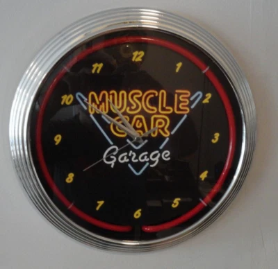 Reloj de Pared Muscle Car Garage Logo Rojo Neón Negro 15" Diámetro 8MSCLE Funciona Foto 1 de 4