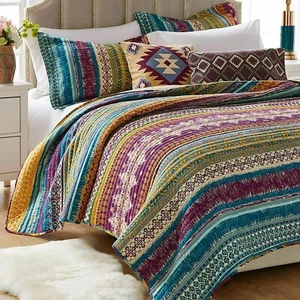 NEW! ~ COZY SOUTHWEST LODGE WESTERN BLUE GREEN BROWN BOHEMIAN TUCSON QUILT SET - Picture 1 of 2