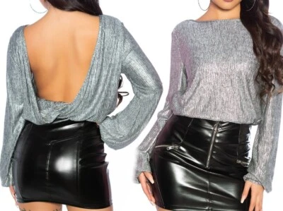 Sexy Miss Ladies Shiny Shirt Evening Blouse Backless Long Silver 34/36/38 Top - Image 1 of 3