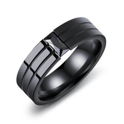 Anel de casamento masculino chapeamento preto pulseira de aço titânio 6 mm preto CZ tamanho 7/8/9/10/11 - Imagem 1 de 4