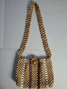 Vintage Marchioness Wood Beaded Purse - Hand bag Women's Tan & Brown * Japan * - Picture 1 of 7