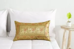 Elephant Indian Cushion Cover Gold Brocade Pillow Case Cover Throw 12X20" Inch - Picture 1 of 6