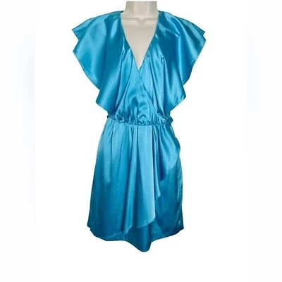 Mini Vestido Halston Heritage Mujer Azul Aqua Seda Satén 0-XS Volantes Cintura Elástica Foto 1 de 4