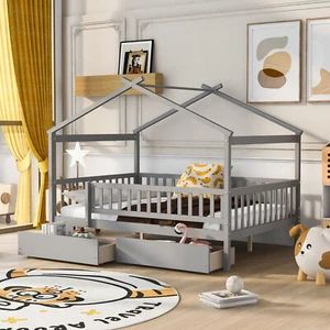 Full Size Wooden House Bed with Two Drawers,Gray - Picture 1 of 12