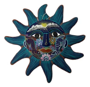 Arte popular mexicano cerámica de terracota pintada a mano sol 8"" - Imagen 1 de 8