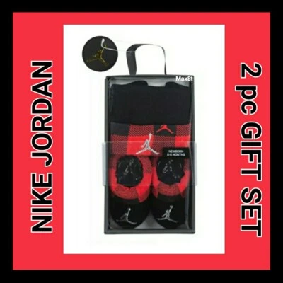 耐克 Jordan 尺码 0-6M 2 件帽子和靴子男宝宝礼物套装黑色/红色-格子 — 第 1/4 张图片
