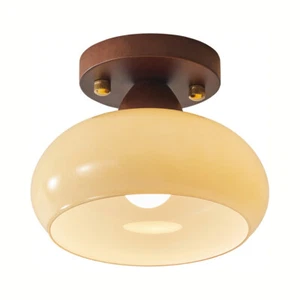 Mini Milk Glass Semi-flush Mount Light Round Wood Base Ceiling Lamp LED Fixture - Picture 1 of 10