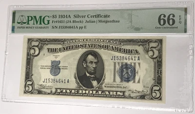 1934A $5 Silver Certificate PMG 66 Gem Uncirculated EPQ Fr#1651 JA Block - Image 1 of 2