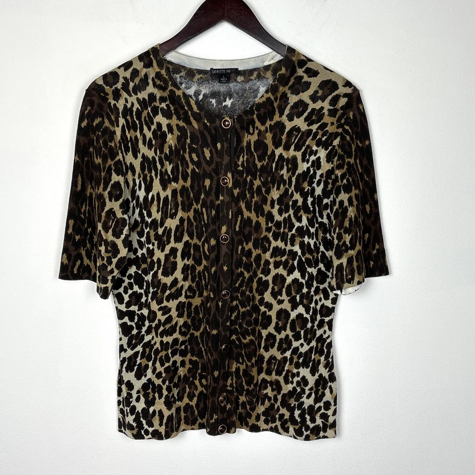 Cardigã suéter feminino Lafayette 148 estampa de leopardo animal tamanho G leve - Imagem 1 de 4