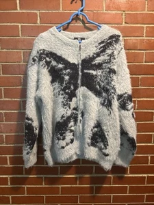 Supermade Mohair Jacquard Cardigan Large Gray Butterflies Soft Fuzzy - Picture 1 of 9