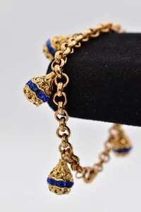 Vintage Dangle Charm Bracelet Blue Rhinestone Crystal Antiqued Gold 1980s Bin7 - Picture 1 of 12