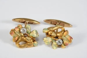 N79L04- Gemelli smaltati oro liberty 585 diamanti e diamanti ct 0,40 circa - Foto 1 di 12