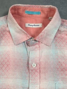 Tommy Bahama Short Sleeve Linen Shirt Men L Ravenna Plaid Glazed Razzberry - Picture 1 of 8
