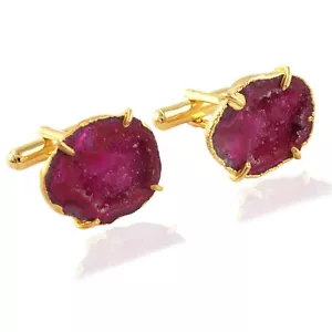 Natural Pink Geode Druzy Gold Plated Handmade Cufflink Jewelry Use For Men - Picture 1 of 3