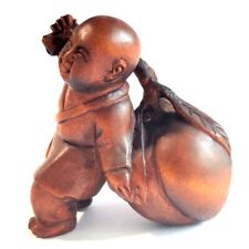 Y8348 - 2" Hand Carved Boxwood Netsuke : Monk Boy with Peach