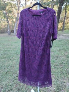 NWT sharagano 14W Royal Deep Purple Intricate Lace Overlay Sheath Dress - Picture 1 of 11