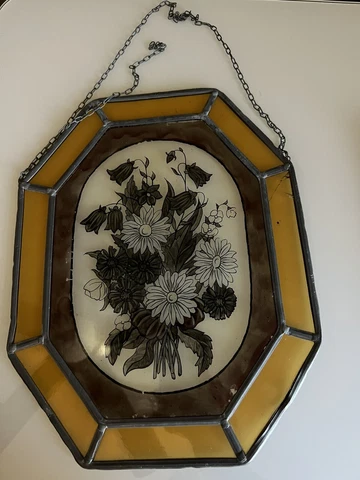 Antique German Hand stained/painted  glass Lead Frame Cover