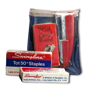 Swingline Tot 50 Stapler 1950s Red Miniature Original Staple Boxes Pocket Pouch - Picture 1 of 15
