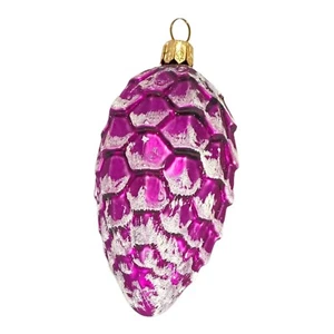 Tannenzapfen Weihnachtsschmuck mundgeblasenes Glas lila 4" lang glitzernd Schnee auf Zapfen - Bild 1 von 5