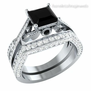 2,71 kt Princess Cut Lab Created schwarzer Diamant Ehering Set 14 K Weißgold FN - Bild 1 von 7