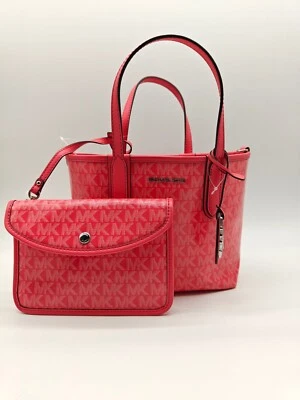 MICHAEL KORS Logo Eliza PVC XS open tote crossbody + pouch 2 PC SET -Pink - Image 1 of 4