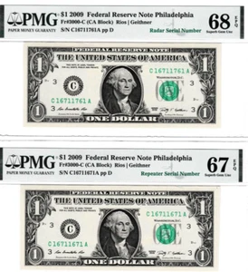 2009 $1 Federal Reserve Notes RADAR & Repeater S/N 16711761 - 16711671 PMG 68 - Picture 1 of 3