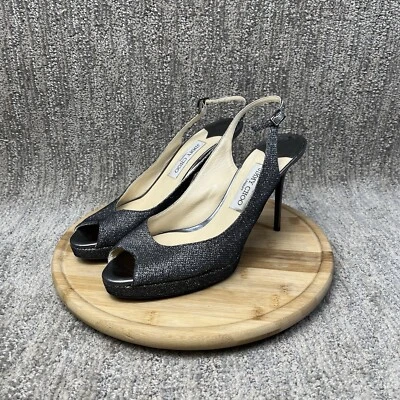 Jimmy Choo Negro Pista Brillo Eslinga Punta abierta Zapatos de salón Tacones Plataforma Talla 40.5 Foto 1 de 4