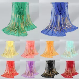 Women Gold Peacock Print Wrap Shawl Chiffon Long Scarves Glitter Thin Muffler* - Picture 1 of 41