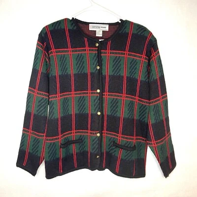 Crystal-Kobe Mujeres Grande Rojo Azul Verde Cuadros Navidad Vintage Suéter Cárdigan Foto 1 de 4