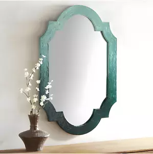 Specchio intarsiato ciano blu come nuovo, forma ovale con cornice, design curvo stile vintage - Foto 1 di 11
