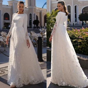 O-Ausschnitt A-Linie Brautkleid Langarm Spitze Applikationen Modern Satin Brautkleider - Bild 1 von 9