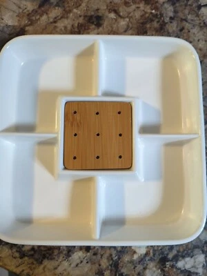 White Essentials Bamboo Collection 8.25” Sectioned Server with Toothpick Holder - Image 1 of 4