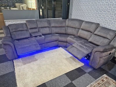Berlin Corner Grey Micro Fibre Fabric Electrical End Recliners + Blue LED - Image 1 of 4