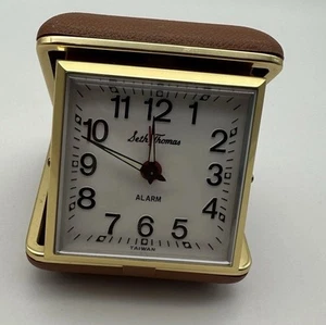 Vintage Seth Thomas Folding Travel Alarm Clock Glow In The Dark Hands Brown 3'' - Picture 1 of 11