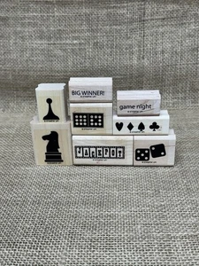 Stampin’ Up! Game Night Set Of 8 Wood Stamps - Dice, Chess, Dominos, Jackpot - Picture 1 of 4