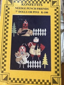 Konfettie’s Needle Punch Primitive 7” Doll Patterns Pumpkin Annie Snowman CAT  - Picture 1 of 1