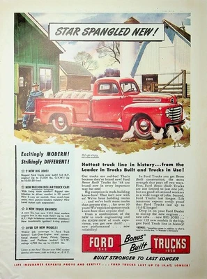 Original 1948 Ford Truck Ad: Red pickup truck, Built stronger to last longer - Image 1 of 2